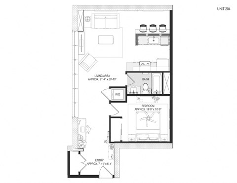 Floor plan for 1 bed, 1 bath, 801 sqft